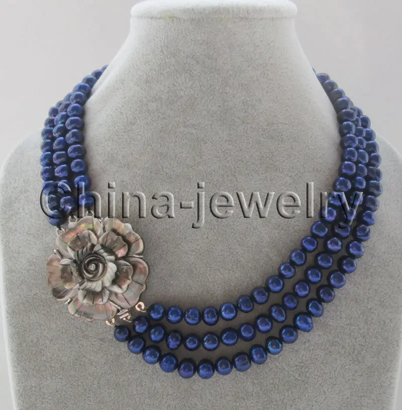 

3row 17-19" 8-9mm blue round freshwater pearl necklace - flower shell >>>girls choker necklace pendant Free shipping