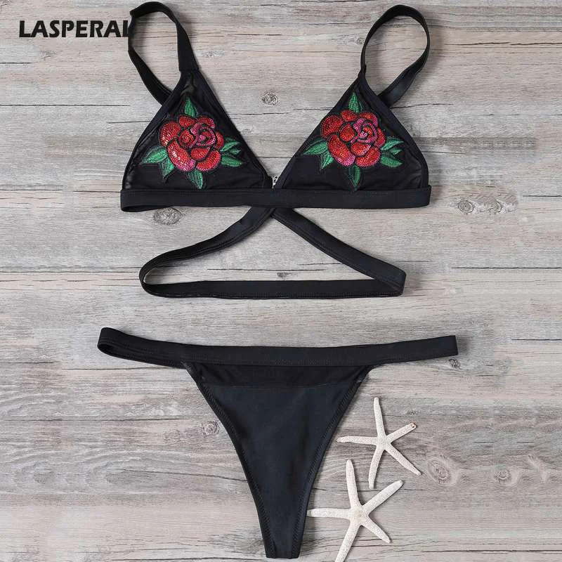 

LASPERAL Women Sexy Flower Pattern Embroidery Black Bikini Swimwear Female Cross Bandage Quick Dry Cool Swim Suit Biquini Femme