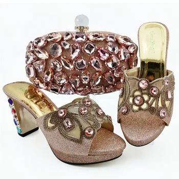 

Lovely peach rhinestones shoes and bag matching set with size 38 to 43 big rhinestones italan shoes and bag set in 2019 SB8395-8
