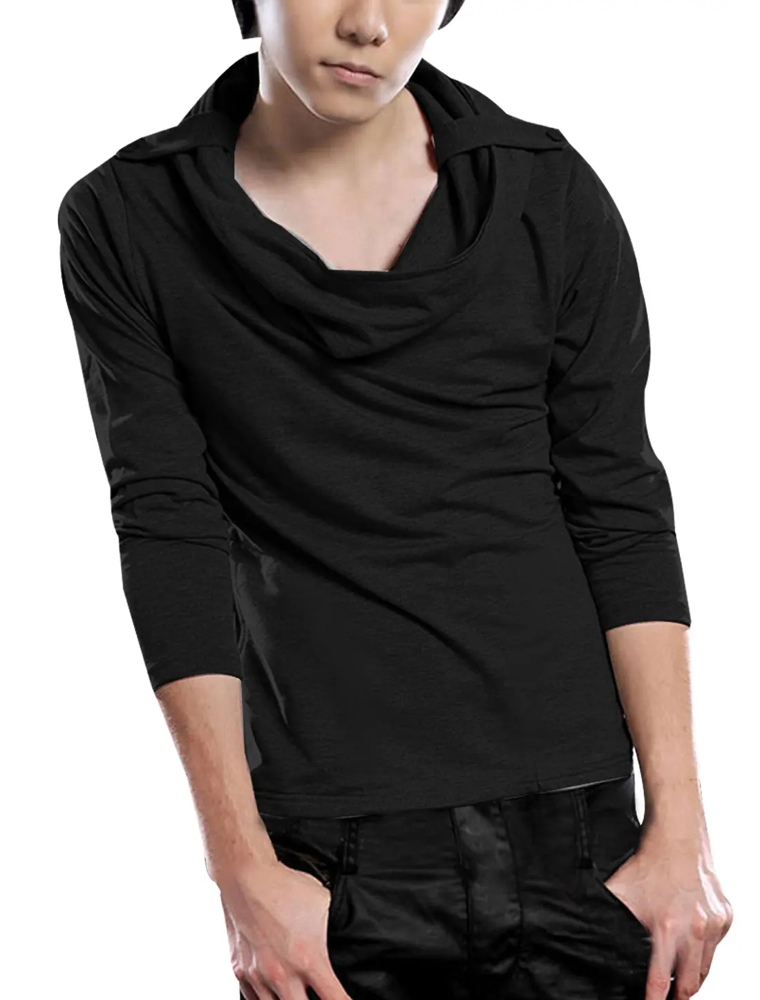 Allegra K Men Cowl Neck Long Sleeves Button Tab Epaulets Hoodie Tee