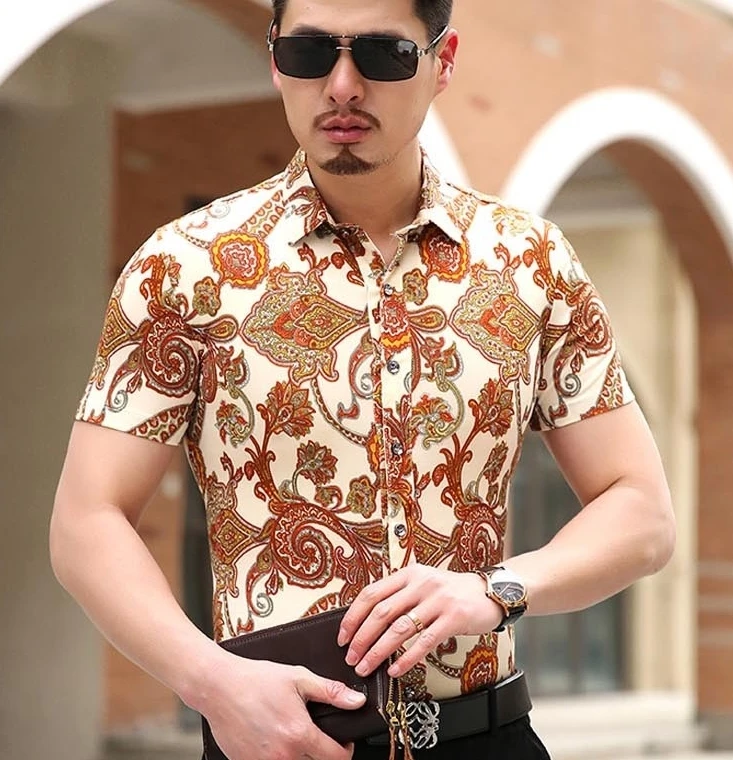 Printing New Summer Short Sleeve Mens Shirt Luxury Casual Dress Slim ...