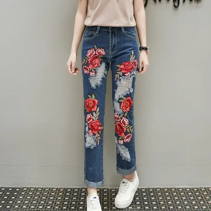 embroidered denim jeans