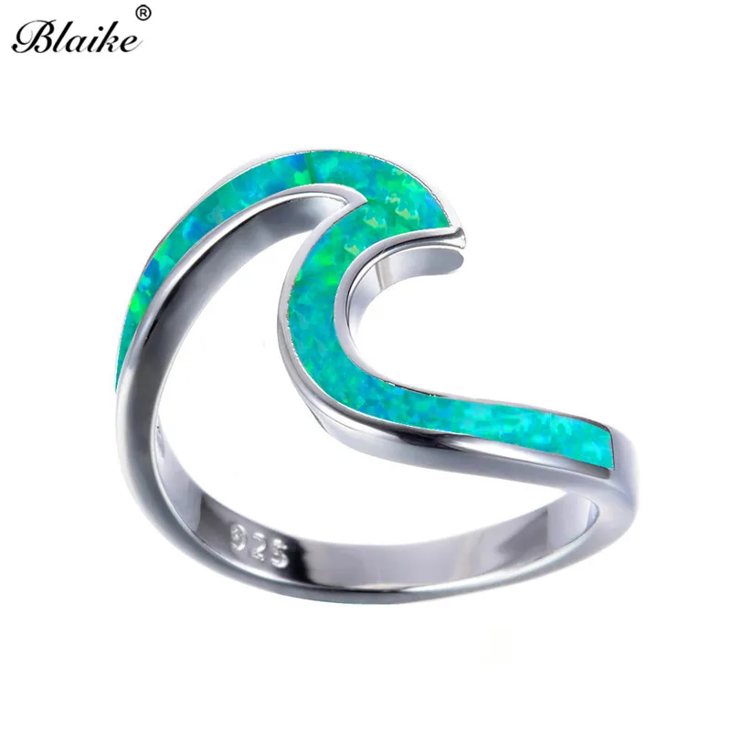 Blaike белый/зеленый/синий/фиолетовый/розовый/оранжевый огненный опал океанская волна кольца для женщин 925 пробы заполненный серебром камень пляж кольцо - Цвет основного камня: Green Opal Ring