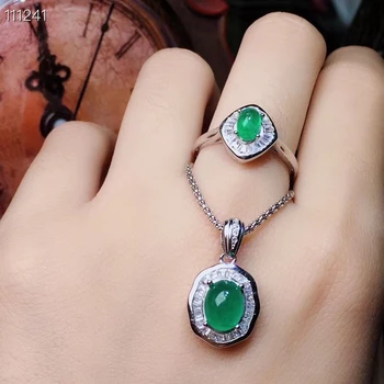 

KJJEAXCMY exquisite jewelry 925 Silver-inlaid Gem Natural Emerald Girl Ring Pendant Set Support Detection