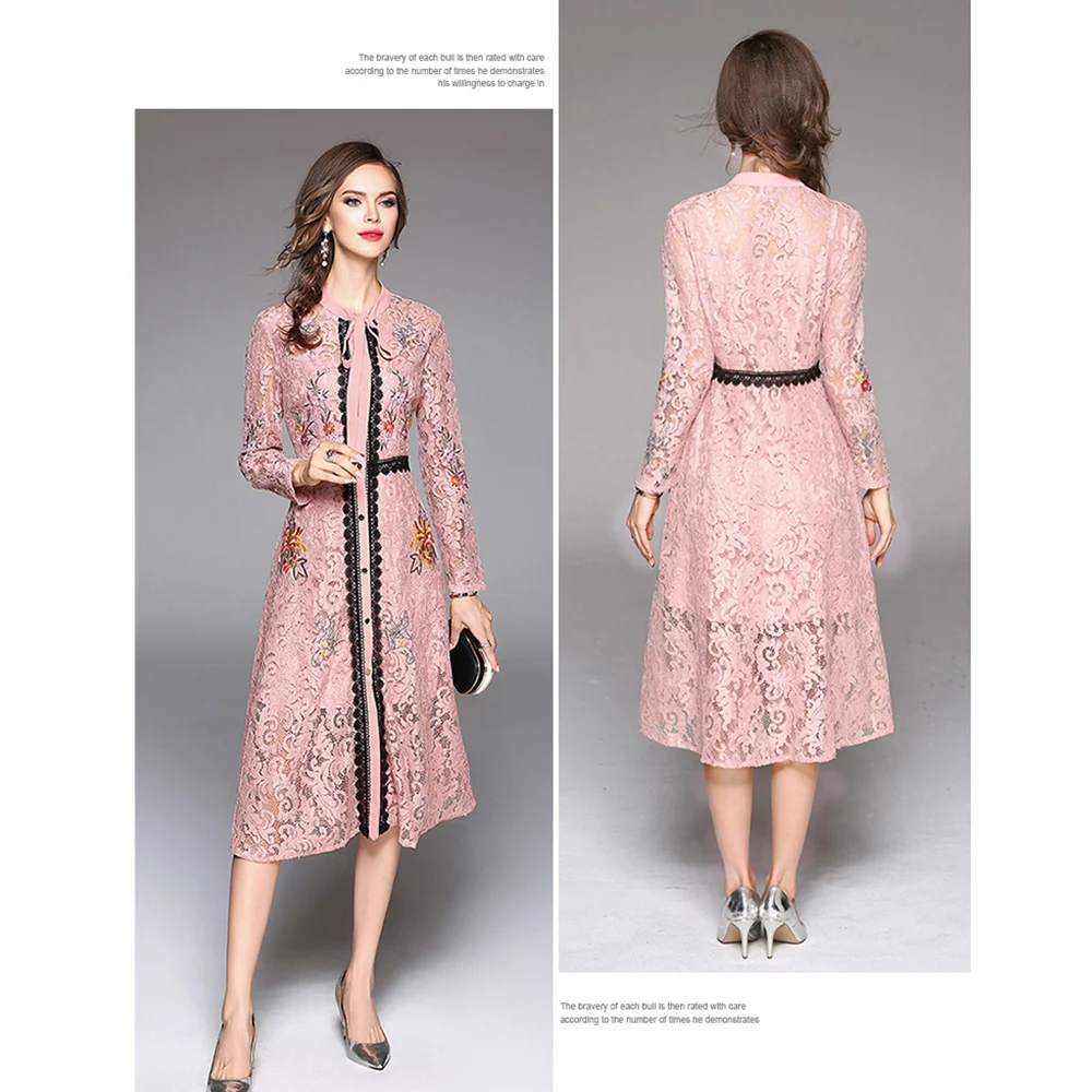 Europe Lace Dress Women Autumn Long Sleeve Elegant Casual Office Vestidos Verano Floral Striped Dress Embroidery Ladies Dresses Dresses
