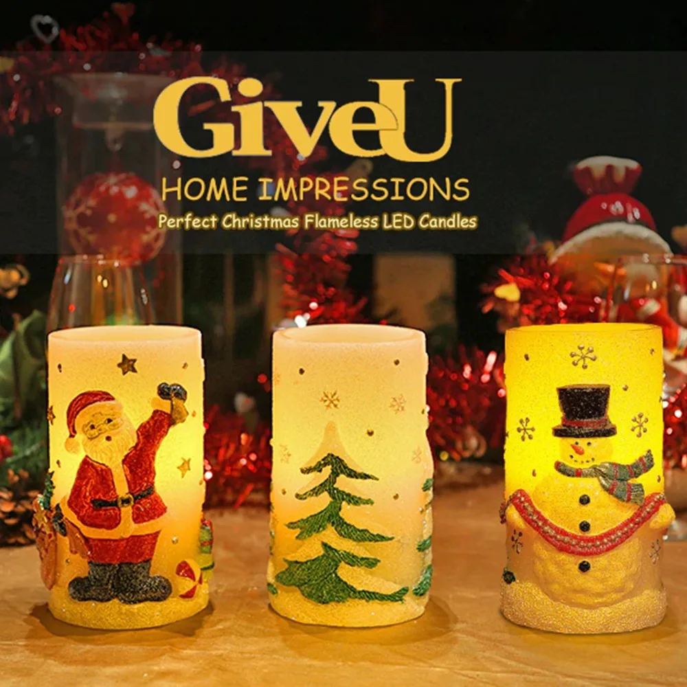 

GiveU Christmas flameless LED candle with timer Santa Claus Pine Tree Snowman pattern for christmas Decoration,White