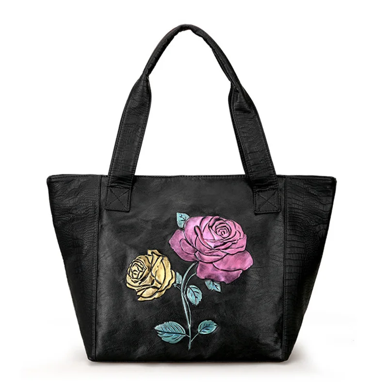 Black Tote Female Flower Handbag Crossbody Bags Vintage Style Zipper Shoulder Bag Lightweight ...