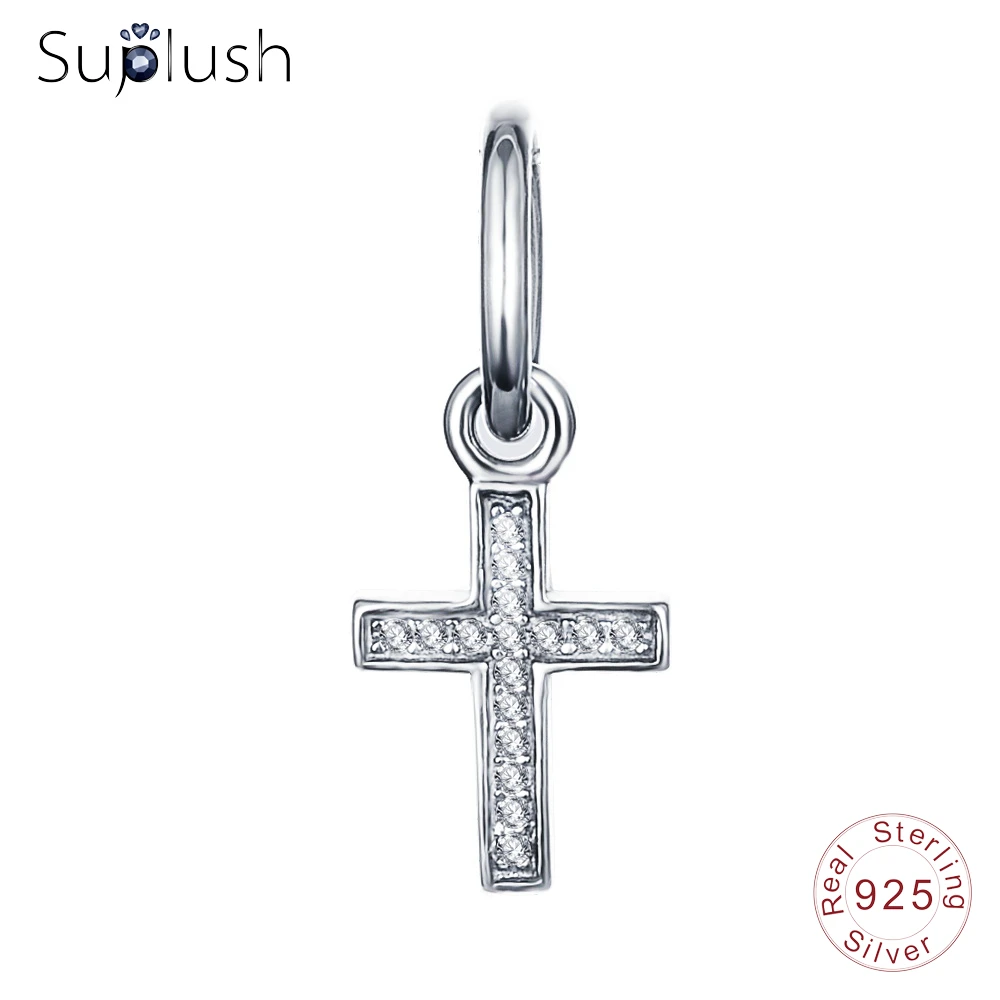 Suplush 100% 925 Sterling Silver Symbol Of Faith Cross AAA CZ Stone Beads Charms fit Bracelet Women Fashion Jewelry PSMB0398 | Украшения и