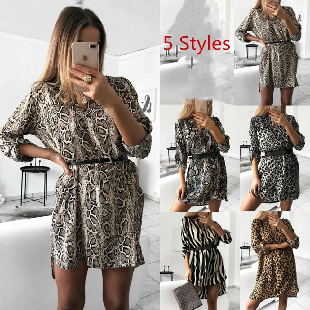 

Women Autumn Sexy Leopard Snake Print Striped Long Sleeve V-Neck Dress Ladies Casual Empire Mini Dresses Above Knee Length