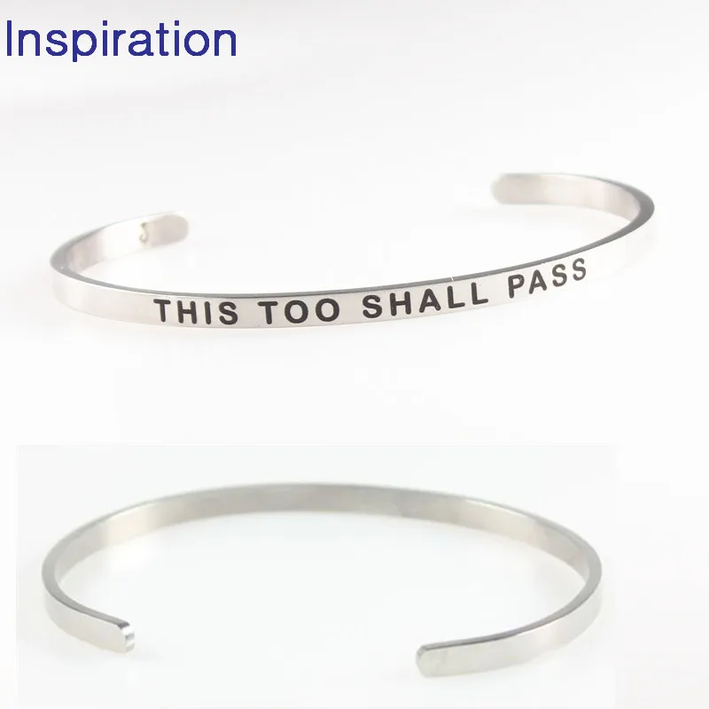 

316L Stainless Steel Jewelry Bangle Laser Engraved THIS TOO SHALL PASS Inspirational Quotes Open Cuff Mantra Bracelets Bangles