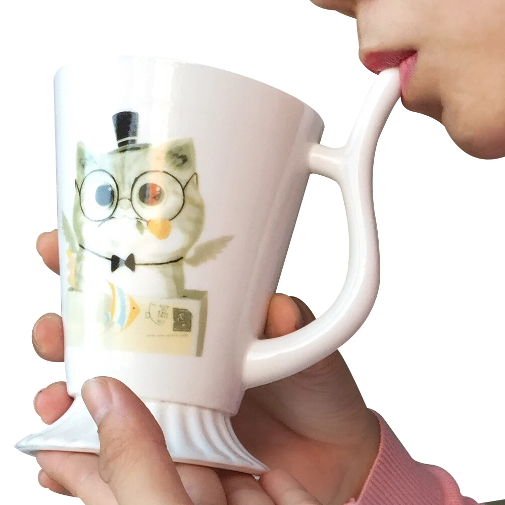 

280ml Cartoon Kitty Cup with Straw Handgrip Lid Spoon Angle Kitten Milk Coffee Ceramic Mug Children Home Office Gifts Flamingo
