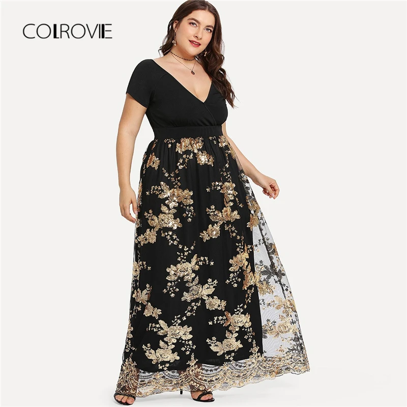 

COLROVIE Plus Size Black V Neck Sequin Print Wrap Sexy Dress Women 2018 Autumn Party Dress Girl Elegant Evening Maxi Dresses