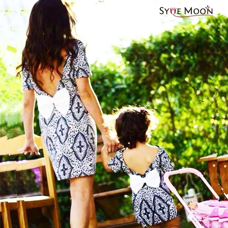 

summer Mother Daughter Dresses Family Matching Outfits bow backless Family Look Matching Clothes Mom And Daughter Dress