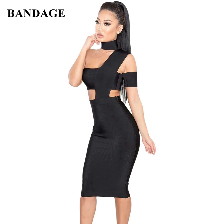 

One Shoulder Black Women Bandage Dress Factory Price Sleeveless Backless Dresses Celebrity Party Club Sexy Bodycon Vestido HL