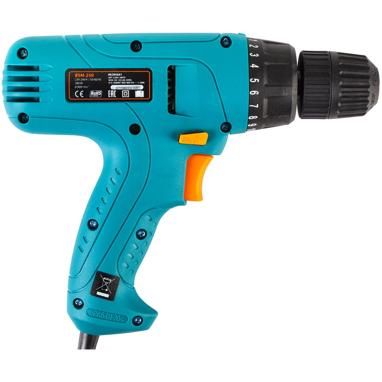 Дрель-шуруповерт электрический Bort BSM-250 (Мощность 280 Вт, 800 об/мин холостого хода, диаметр сверления: дерево 10 мм /  металл 6 мм, диаметр патрона 10 мм, реверс)
