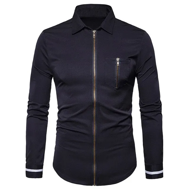 2019 Autumn Men Long Sleeve Slim Fit Zip Up Casual Shirts Lapel Neck