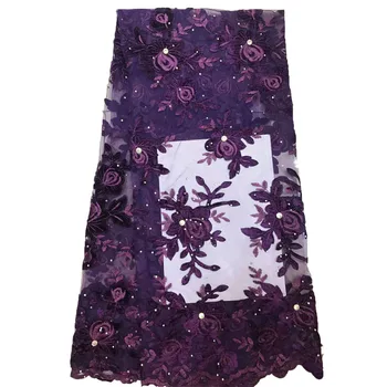 

Latest French Nigerian Laces Fabrics Purple Wedding Embroidery Lace High Quality Tulle African Laces With Stones X857-3