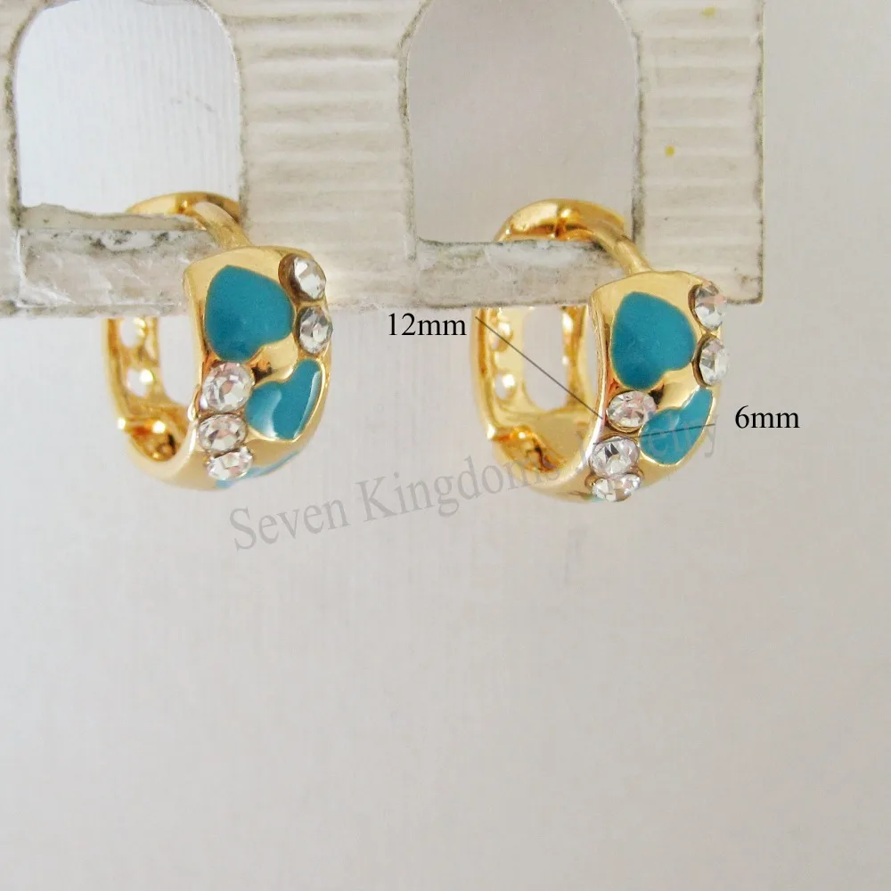 

MIN ORDER 10$ can mix design/- YELLOW - GOLD SOLID GP color GREEN ENAMEL HOOP HEART PATTERN HUGGIE CZ STONE EARRING