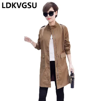 

Women Spring Autumn Fashion Windbreaker 2018 Harajuku Big Size Solid Stand Collar Zipper Slim Elegant Ladies Trench Coat Is714