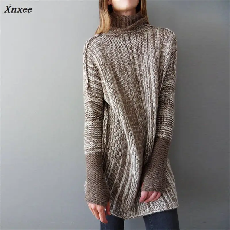 Xnxee S-3XL Turtleneck Sweaters European Spring New Fashion Patchwork Women Knitwear Casual Loose Long Sweater 67052 Xnxee S-3XL Turtleneck Sweaters European Spring New Fashion Patchwork Women Knitwear Casual Loose Long Sweater 67052