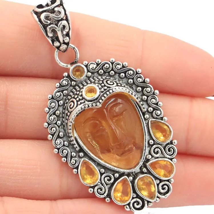 

SheCrown Special Big 14.1g Honey Quartz Goddess Face, Golden Citrine Gift Silver Pendant 56x29mm