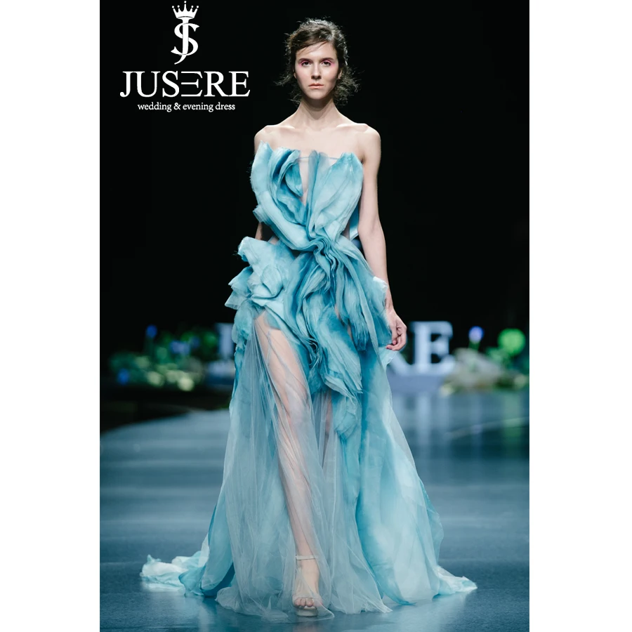 

JUSERE 2019 SS FASHION SHOW Blue Long Prom Dress Strapless See Through Floor Length Party Dresses Vestido de festa longo