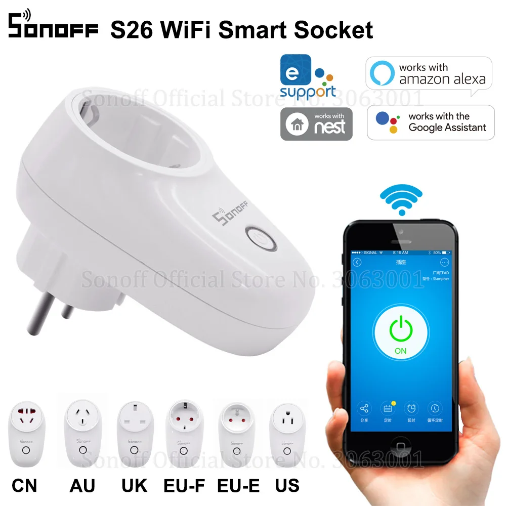 

Sonoff S26 WiFi Smart Socket US/UK/CN/AU/EU Wireless Plug Power Sockets Smart Home Switch Work With Alexa Google Assistant IFTTT