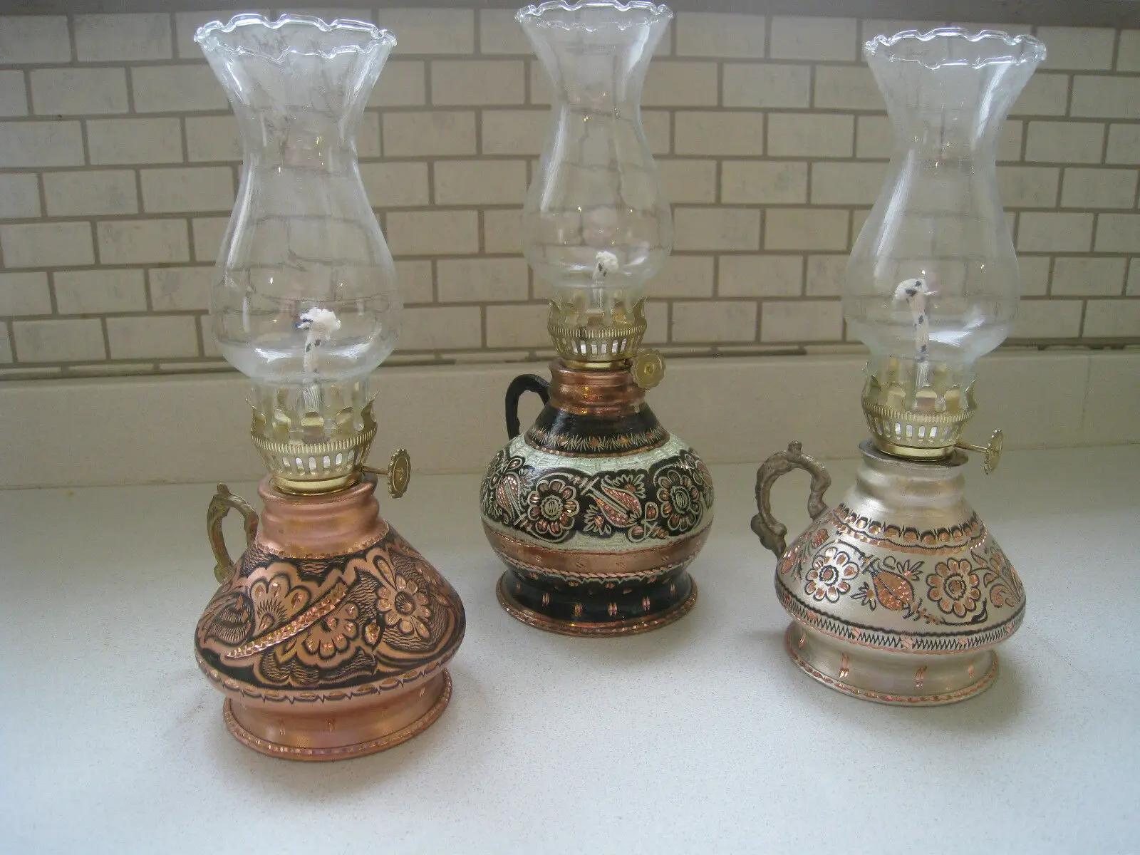 

Authentic Totally Handmade Hand carved Brass Copper Oil Kerosene Lamp Vintage