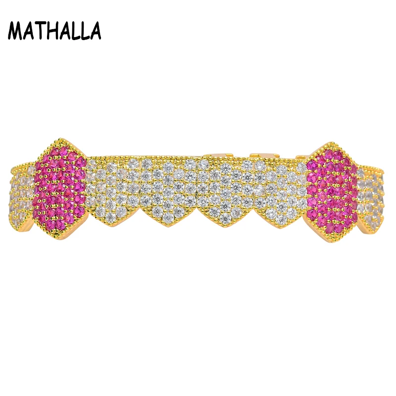 

MATHALLA Iced Out Vampire Teeth Grillz Gold Silver Plating Micro Pave CZ Stones Mouth Grills fit Upper and Bottom