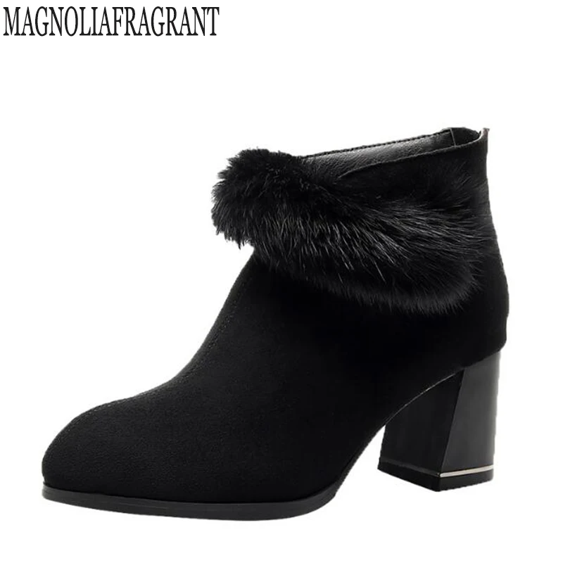 

New wild short boot High quality rabbit hair Women boots Pointed keep warm Women shoes Back zipper High-heeled bare boots mm202