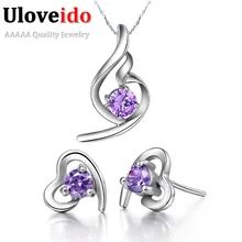 Uloveido Свадебные Ювелирные наборы модные Серебряные ювелирные изделия пурпурного цвета в комплекте; вечерний комплект с украшением в виде кристаллов Свадебные серьги Цепочки и ожерелья Для женщин женский бижутерия T020