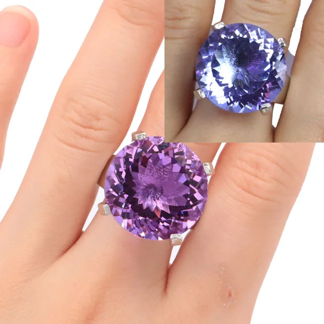 

7# Big Round Gemstone Color Changing Alexandrite & Topaz CZ SheCrown Gift Silver Ring 20x20mm