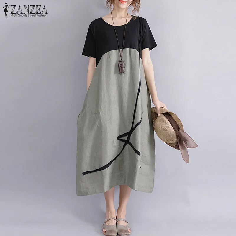 

Plus Size M-5XL ZANZEA Women Summer Crew Neck Short Sleeve Sundress 2019 Casual Loose Patchwork T-Shirt Dress Midi Long Vestido