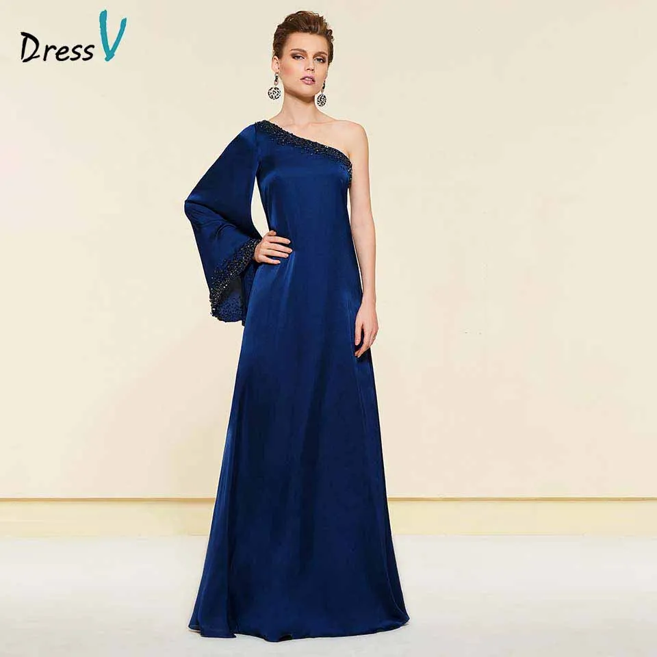 Dressv Navy One Shoulder Long Sleeves A Line Beading Mother Of The