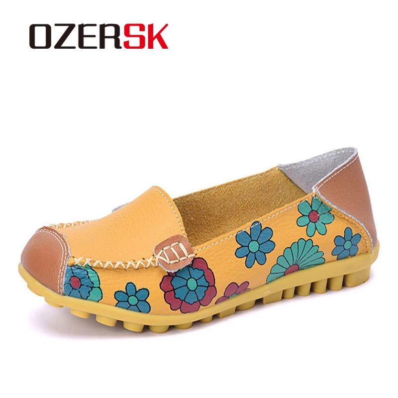 

OZERSK Brand Soft Genuine Leather Female Flats Shoes Printing Flower Ladies Loafers Slip-On Shallow Shoes Woman Casual Shoes