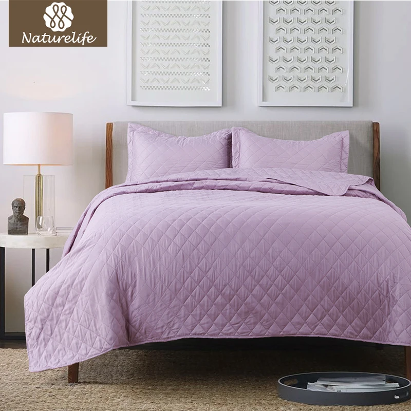 

Naturelife Purple Plaid Pattern 3pcs Bedspread Bedding Set Quilt Coverlet Set Solid Soft Luxurious Home Bedclothes Bedlinen