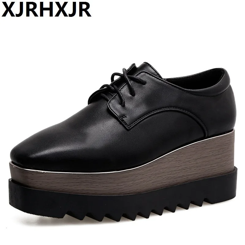 

XJRHXJR New Women Platform Oxfords Brogue Flats Shoes Pu Leather Lace Up Square Toe Luxury Brand Black Creepers Size 34-39