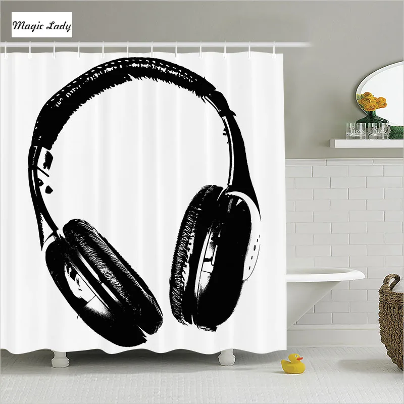 Shower Curtain Music Bathroom Accessories Headphones Sounds Decor Earphones Disco Studio Black