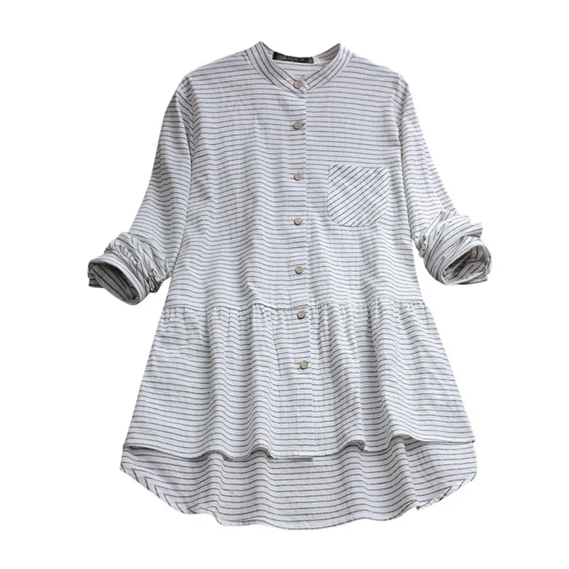 Fashion womens tops and blouses summer Autumn 2018 Long Sleeve Shirt Cotton Linen Striped Casual Loose Blouse camicette A22#N  (3)