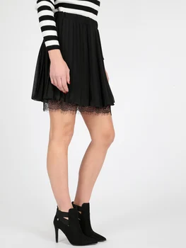 

Black matching defined waist pleated lace skirt leather tight skirt