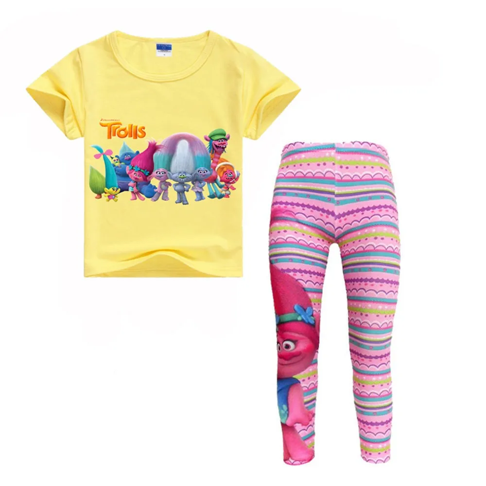 Pearl Diary Children Trolls Short Sleeve T-shirts + Leggings Pants Clothing Set for Girls Soft Cotton Clothes Suits Summer Shirt | Детская
