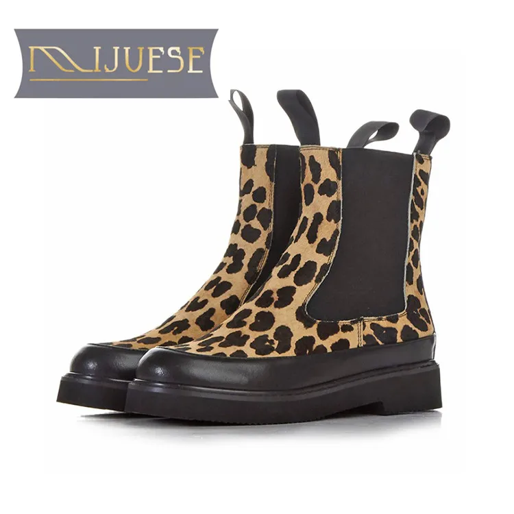 

MLJUESE 2019 women Mid calf boots horsehair winter short plush leopard color low heel warm women martin boots casual boots