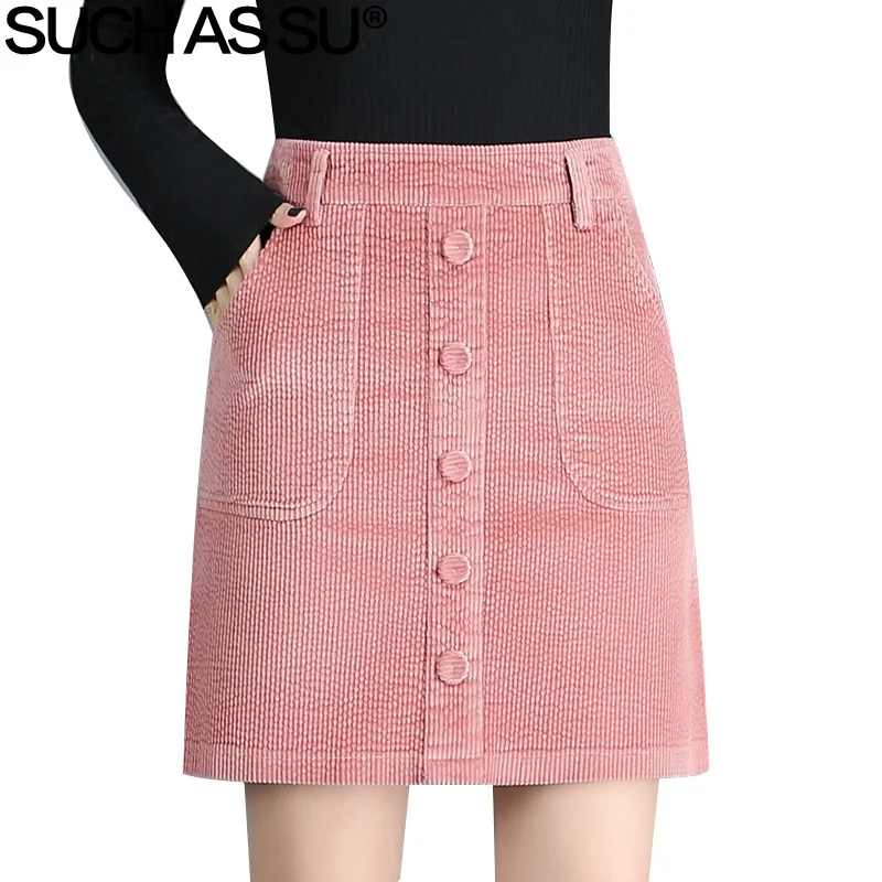 

High Waist A-Line Skirt New 2018 Spring Summer Pink White Corduroy Skirt Single-Breasted Mini Skirt S-3XL Lady Casual Skirt