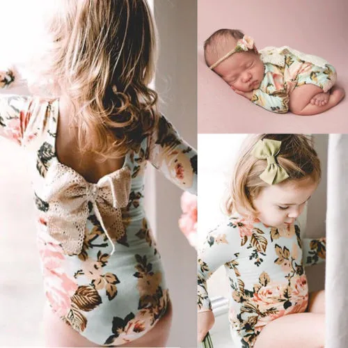 

1-5Y Toddler Kid Baby Girls Cotton Floral Long Sleeve Lace Bow Cute Bodysuit One-piece Jumpsuit Playsuit Child Clothes Outfits