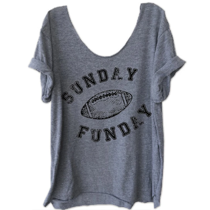 

Plus Size Women Casual Short Sleeve T-Shirt Sunday Funday Football Print O-Neck Female T-Shirt Gray Loose Ladies Tops Tee 5XL