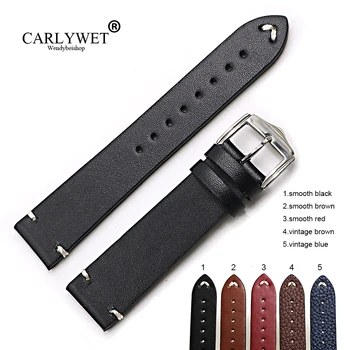 

CARLYWET 20 22 24mm Cowhide Smooth Vintage Leather Black Brown Blue Red Watch Band Strap Belt For Rolex Omega Panerai Tudor IWC