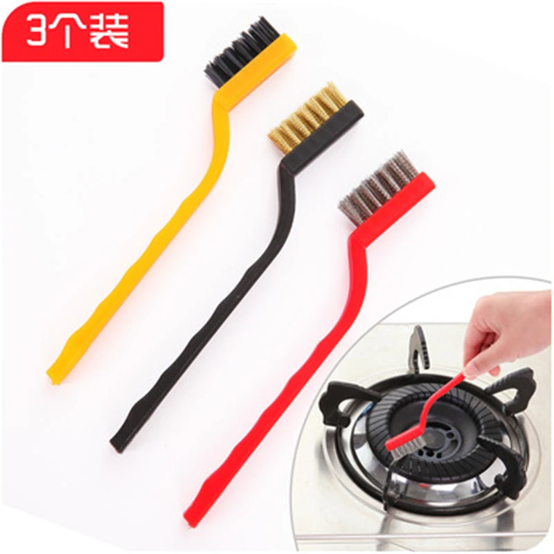 

9242 wholesale gas burner cleaning brush 3pcs/set iron brush brush pot kitchen cleaning tools fiber metal cleaning brush