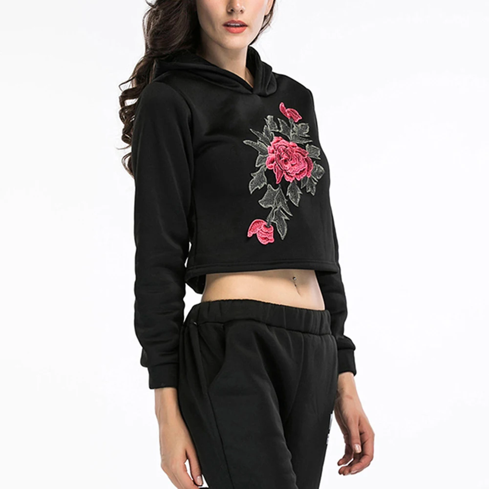 Women Fashion Hoodie Sweatshirt Long Sleeve Flower Embroidered Crop Top