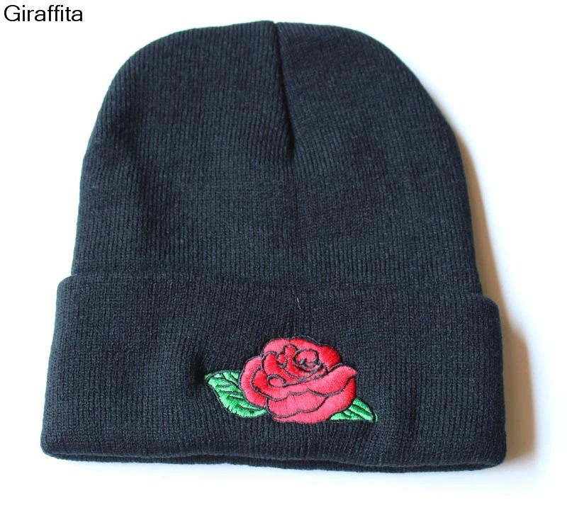 

Women Winter Wool Knitted Rose Embroidery Applique Crochet Hat Braided Cap Snow Casual Hats For Women