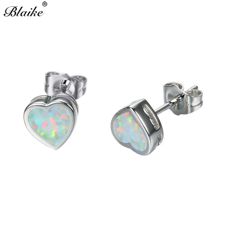 Blaike Простой Мода Белый и Огненный Опал Сердце Серьги Стержня Для Женщин Белое Золото Заполненные Камень Серьги Свадьба Ювелирные Изделия